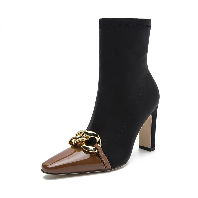 Amozae-Metal Chain Chunky Ankle Boots Women Fall Winter New 2023 High Heel Boots Leather Patchwork Pointed Elegance Women's Short Boots