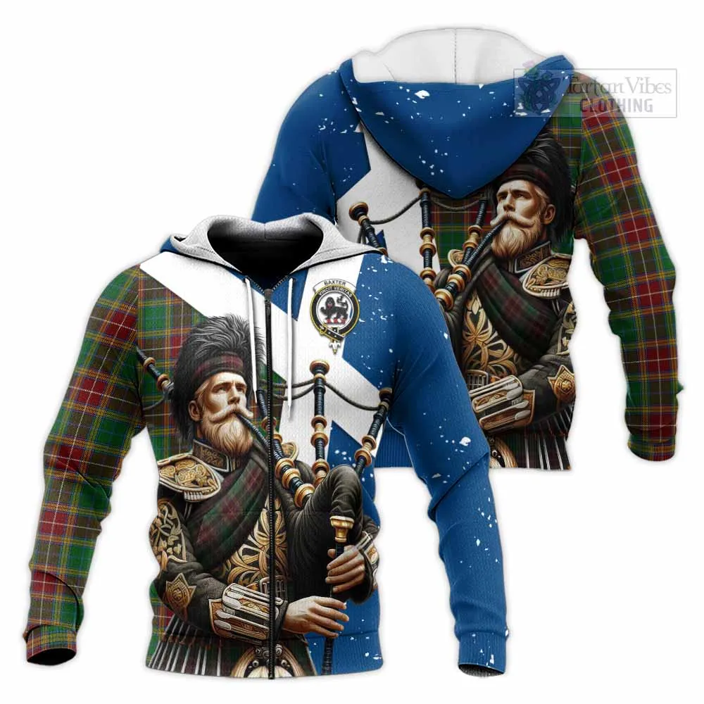 Baxter Tartan Knitted Hoodie with Family Crest Scottish Bagpiper Vibes
