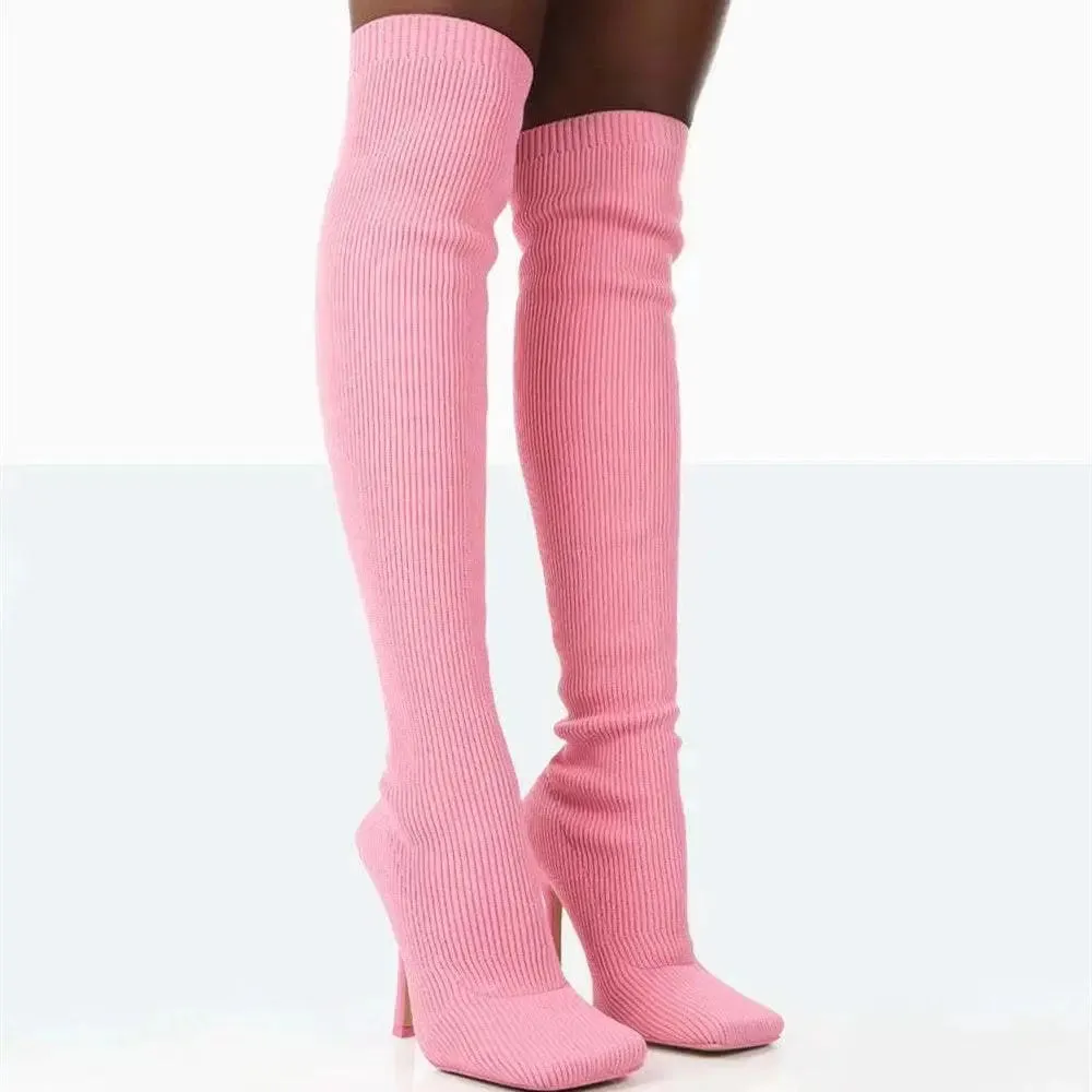 Bold Pink Thigh-High Knitted Boots