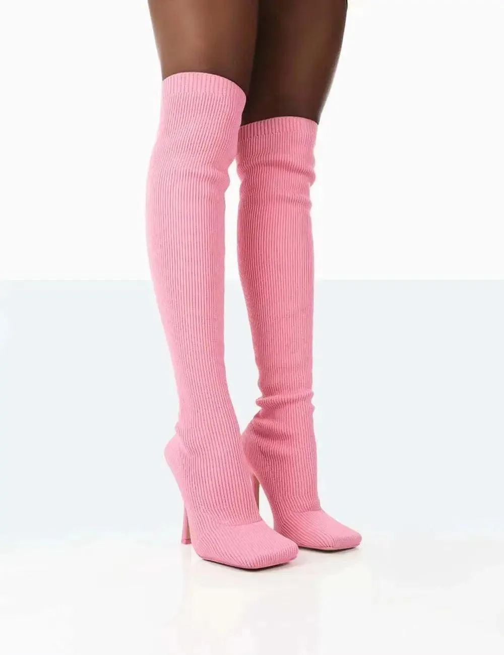 Bold Pink Thigh-High Knitted Boots