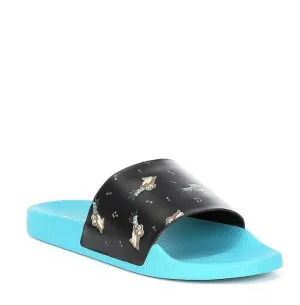 COACH Women's Udele Bird Printed Water Resistant Pool Slides Black /Blue 7 M