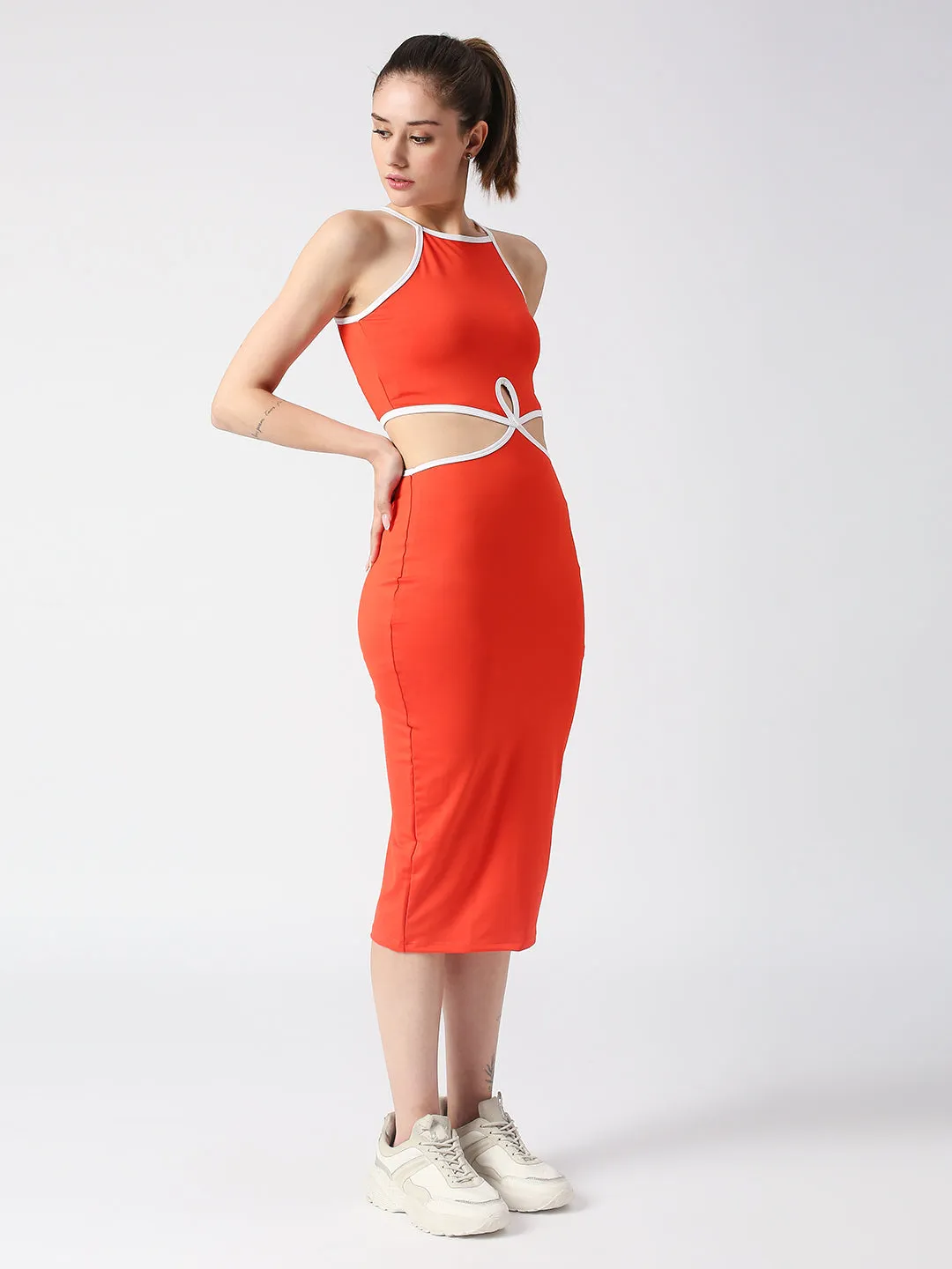 Disrupt Spaghetti neck strappy slim fit red cut-out midi dress