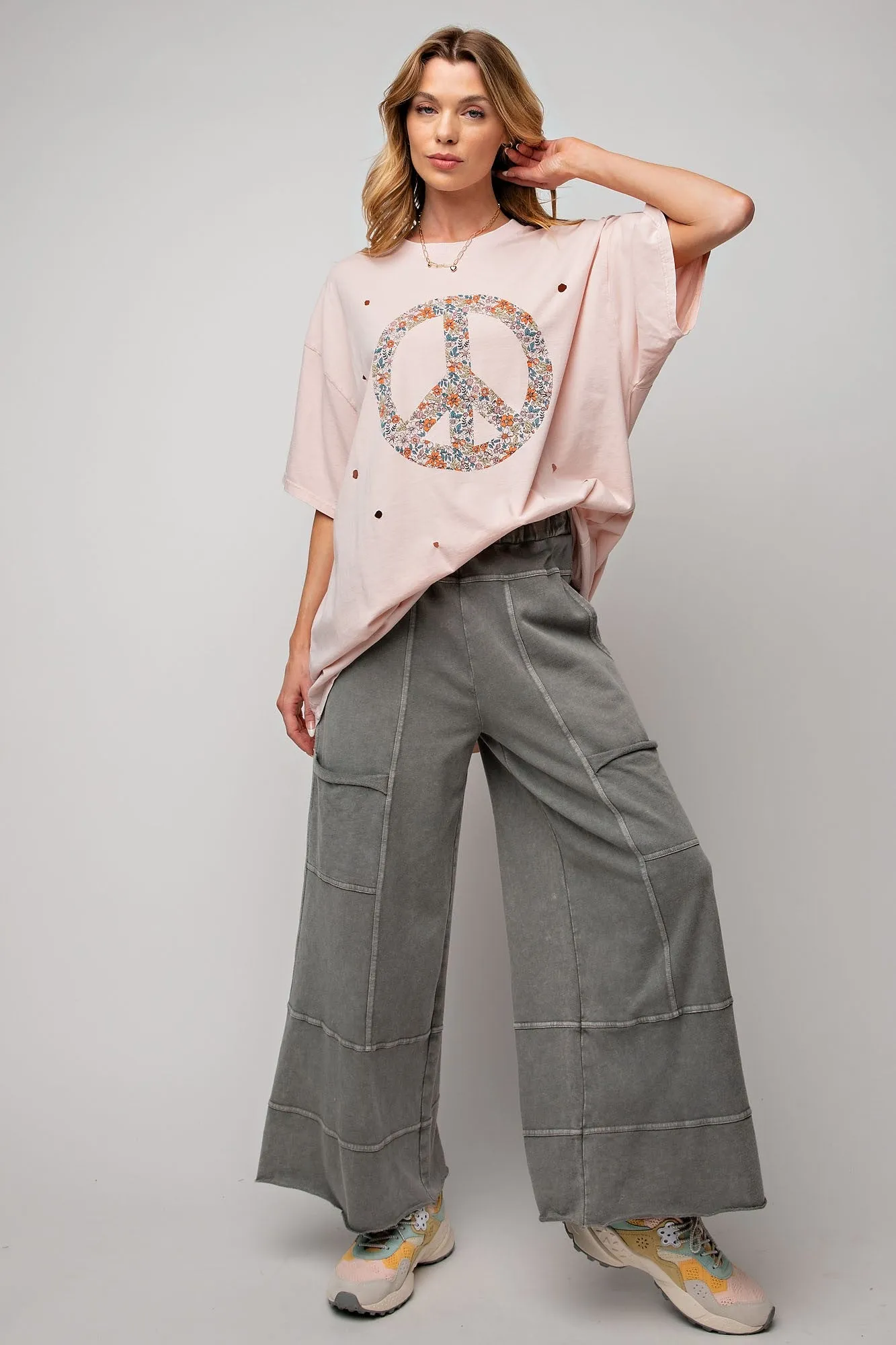 Easel Mineral Washed Terry Knit Pants in Ash