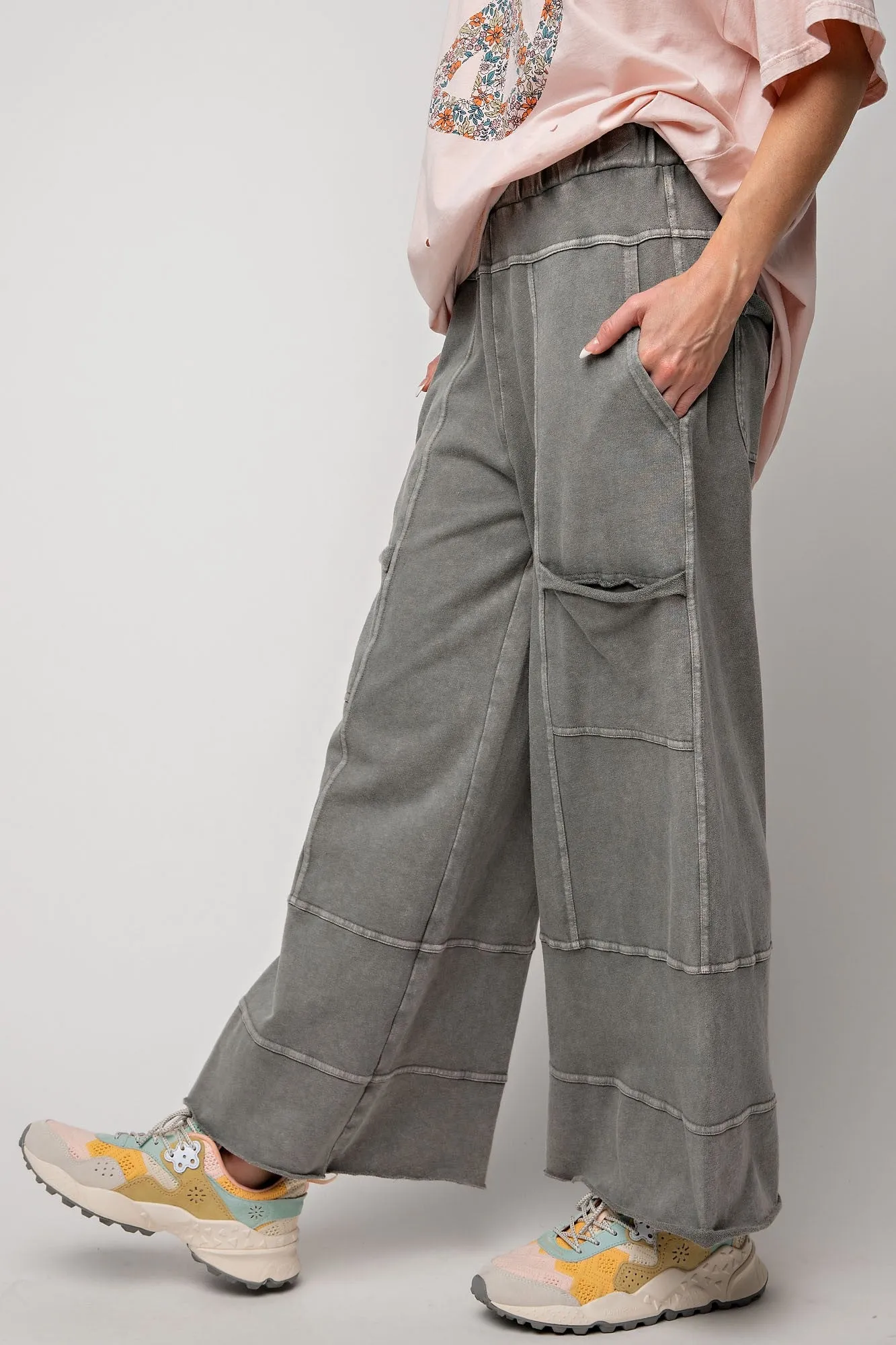 Easel Mineral Washed Terry Knit Pants in Ash