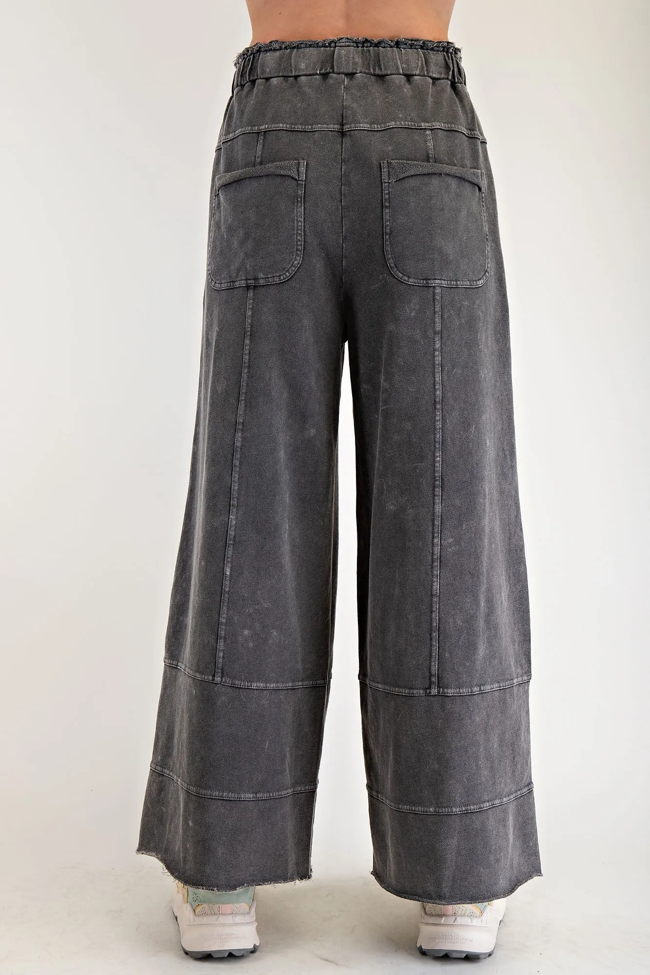 Easel Mineral Washed Terry Knit Pants in Black