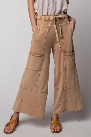 Easel Mineral Washed Terry Knit Pants in Camel