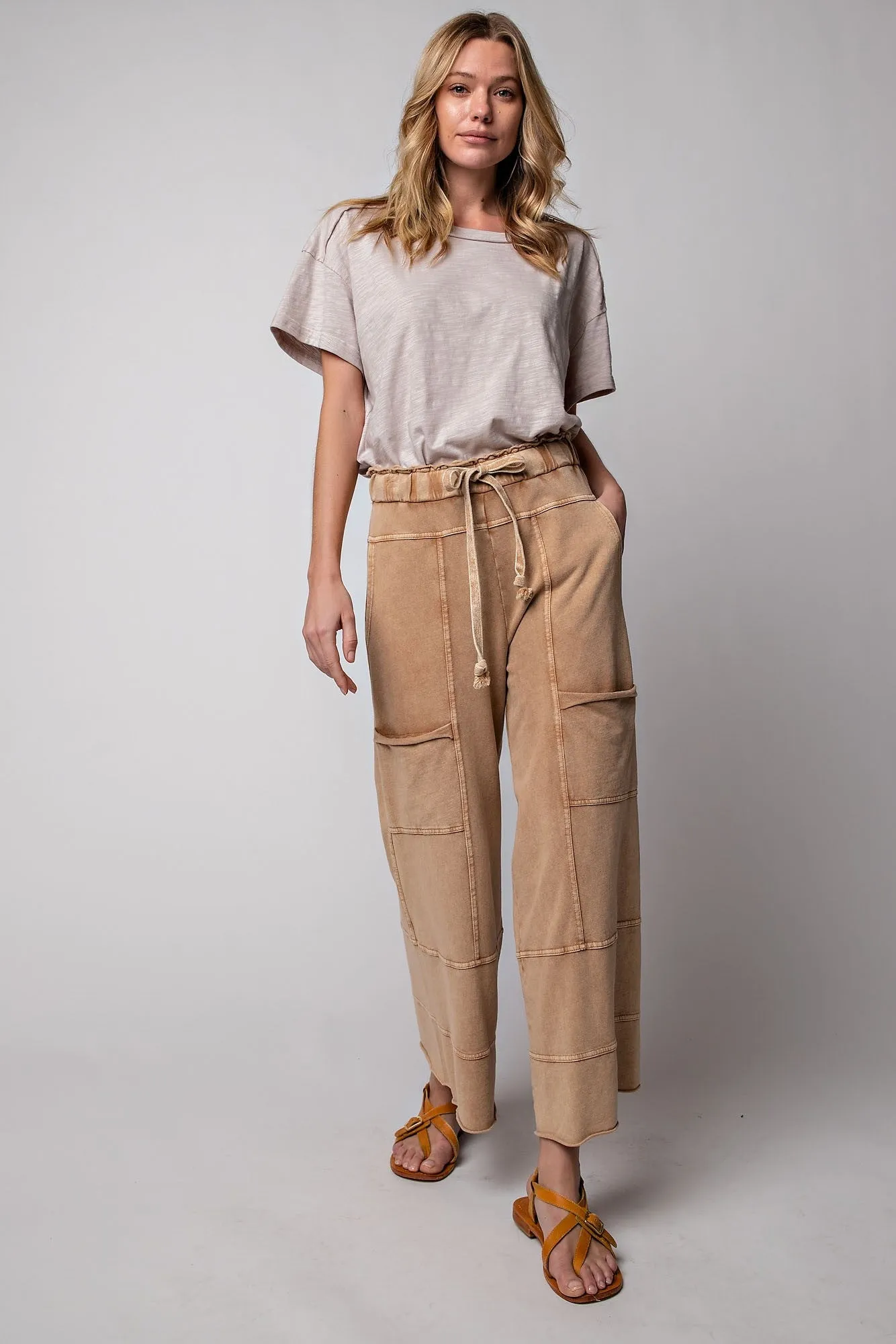 Easel Mineral Washed Terry Knit Pants in Camel