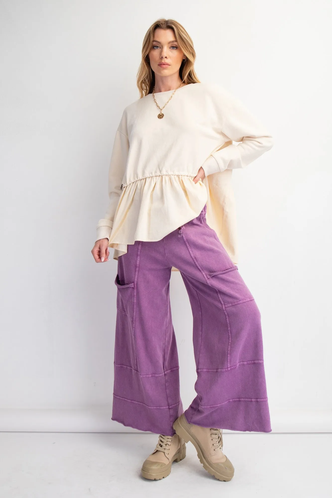 Easel Mineral Washed Terry Knit Pants in Grape ON ORDER