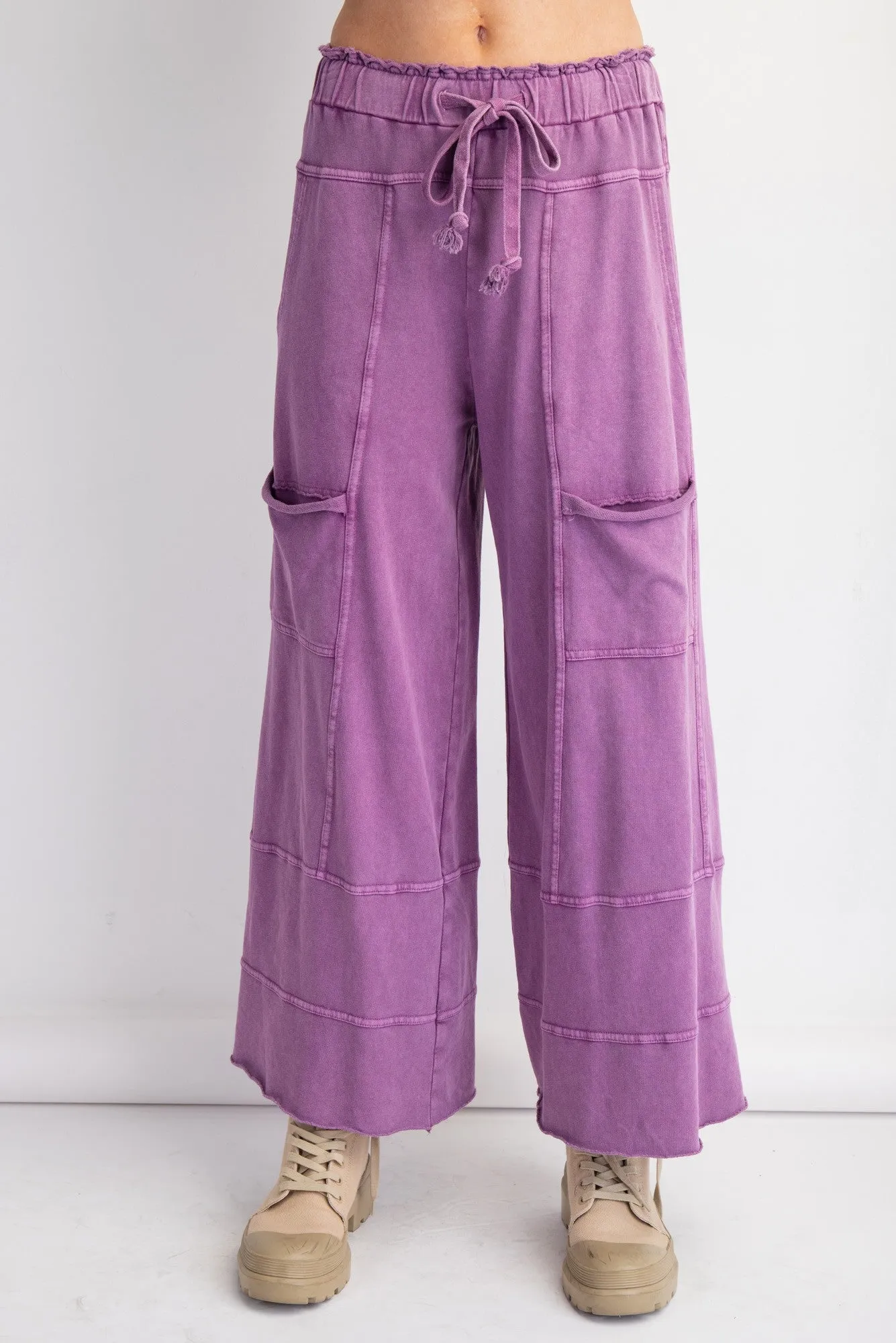 Easel Mineral Washed Terry Knit Pants in Grape ON ORDER