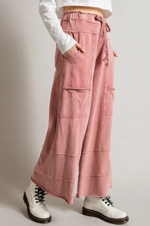 Easel Mineral Washed Terry Knit Pants in Mauve