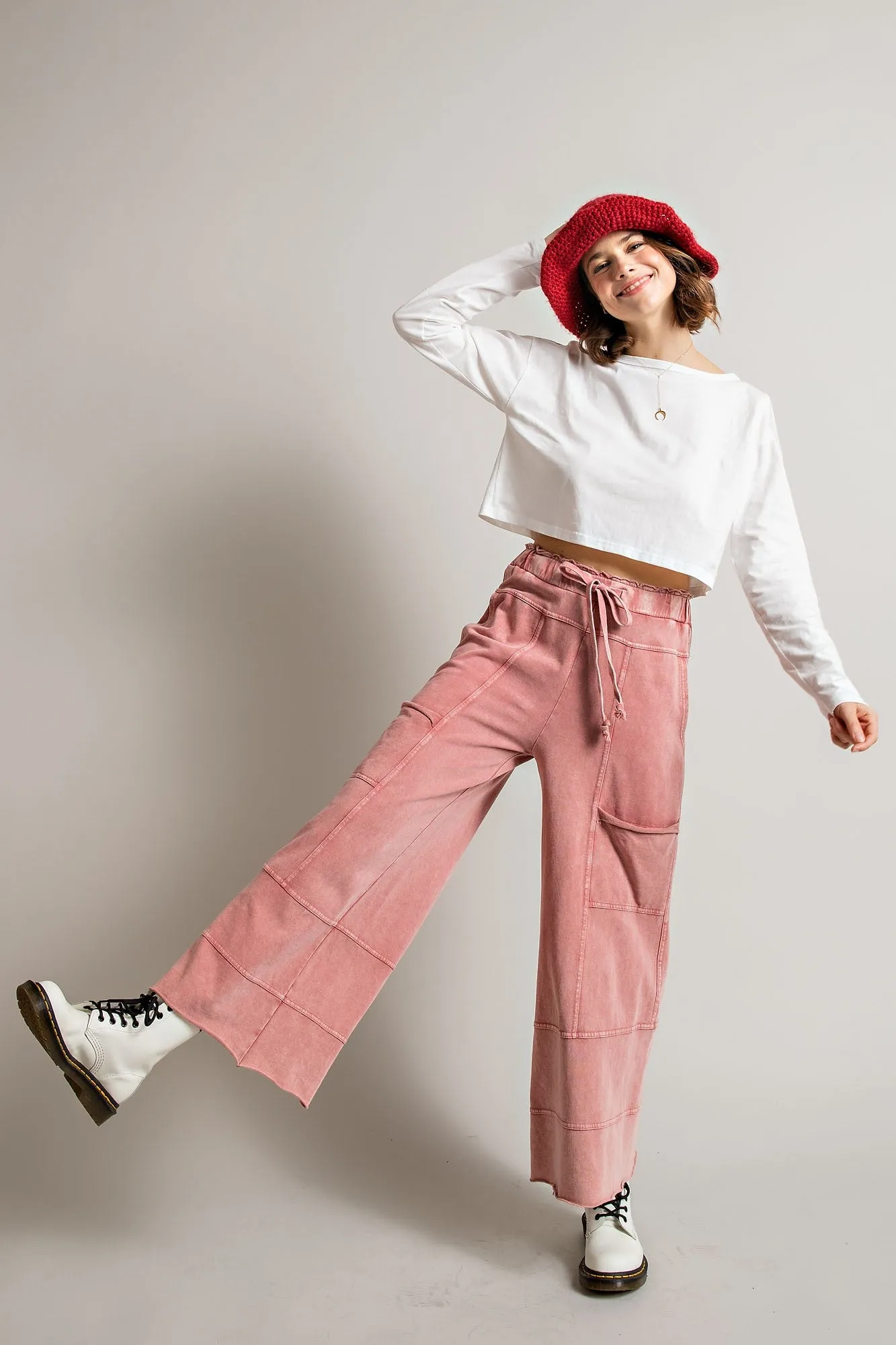Easel Mineral Washed Terry Knit Pants in Mauve