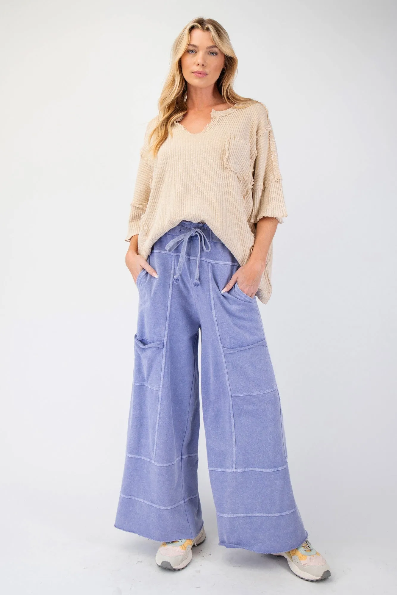 Easel Mineral Washed Terry Knit Pants in Misty Blue