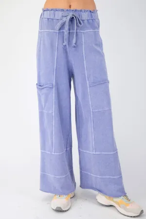 Easel Mineral Washed Terry Knit Pants in Misty Blue