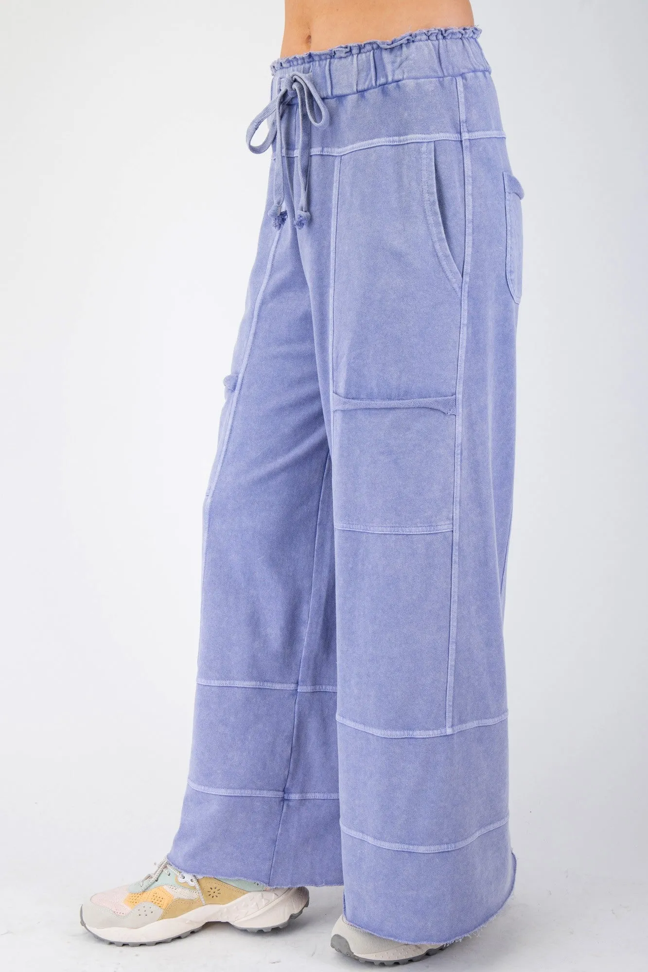 Easel Mineral Washed Terry Knit Pants in Misty Blue