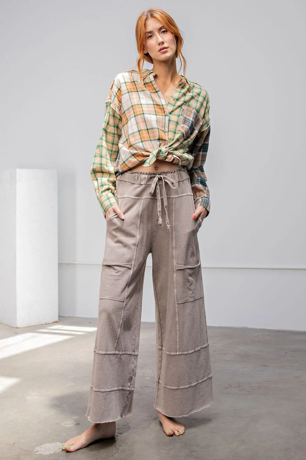 Easel Mineral Washed Terry Knit Pants in Mushroom