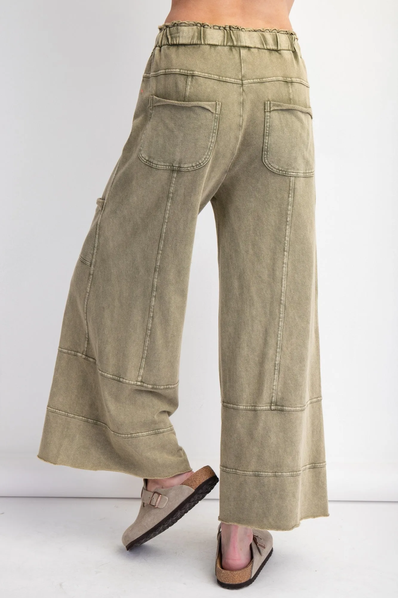 Easel Mineral Washed Terry Knit Pants in Olive