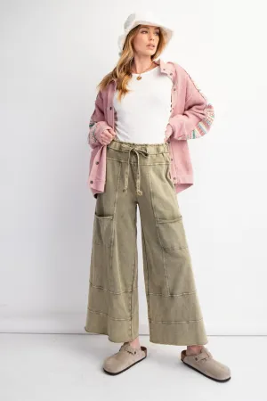 Easel Mineral Washed Terry Knit Pants in Olive