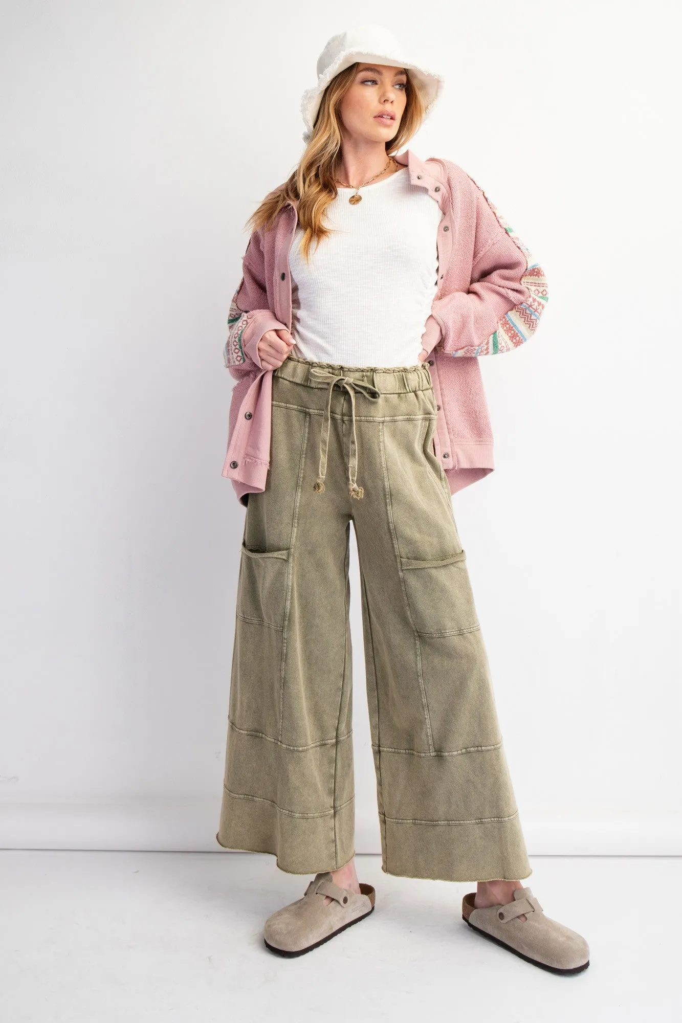 Easel Mineral Washed Terry Knit Pants in Olive