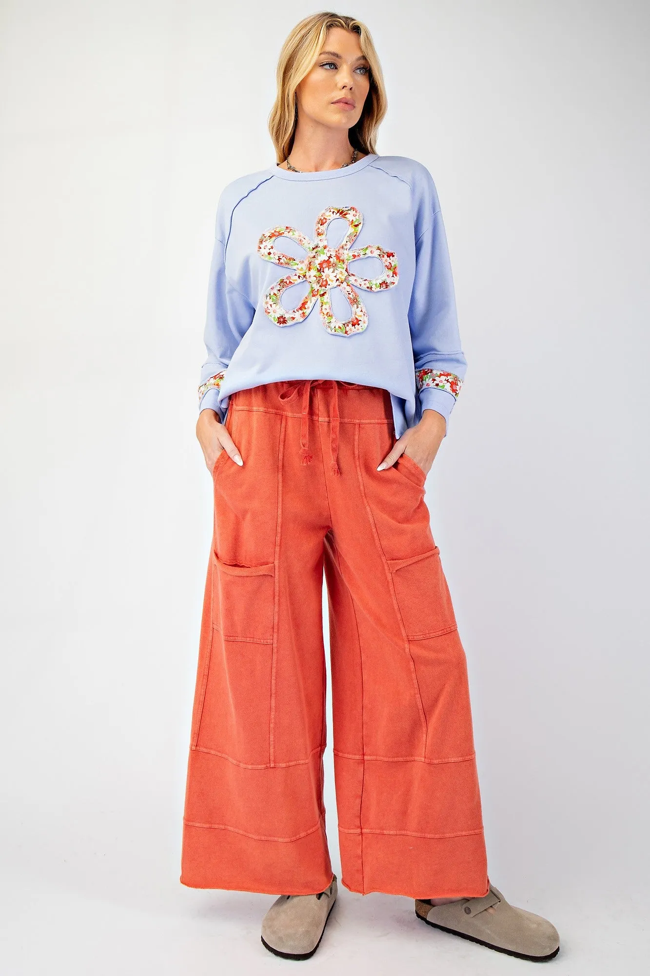 Easel Mineral Washed Terry Knit Pants in Tapatio