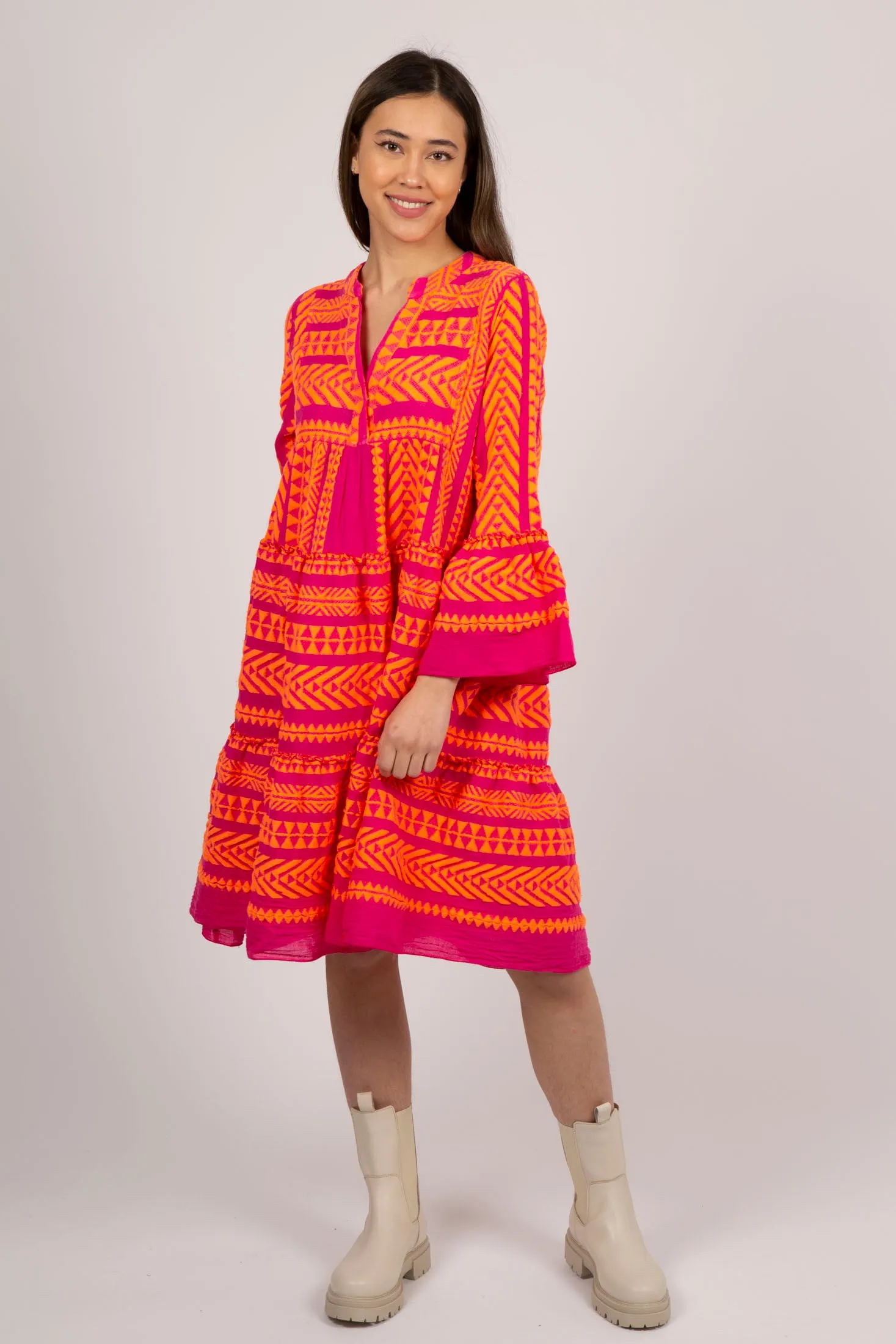 Ella Midi Dress - N.Orange/Fushia