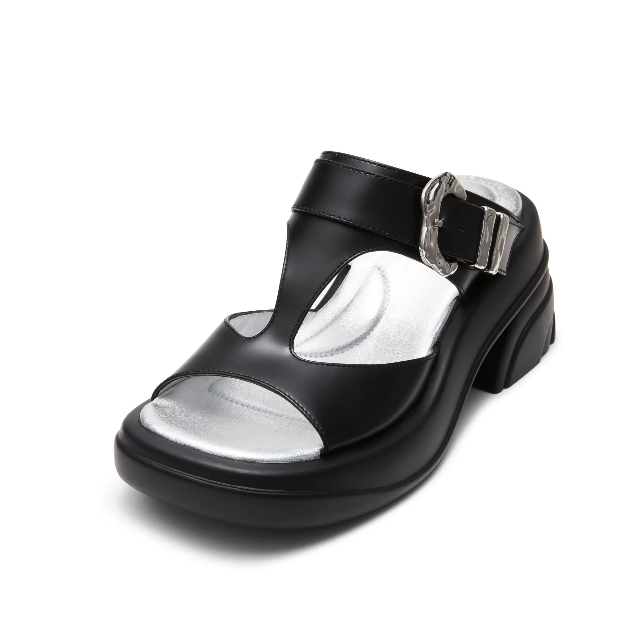 Herringbone Strap Block Heel Sandals in Black