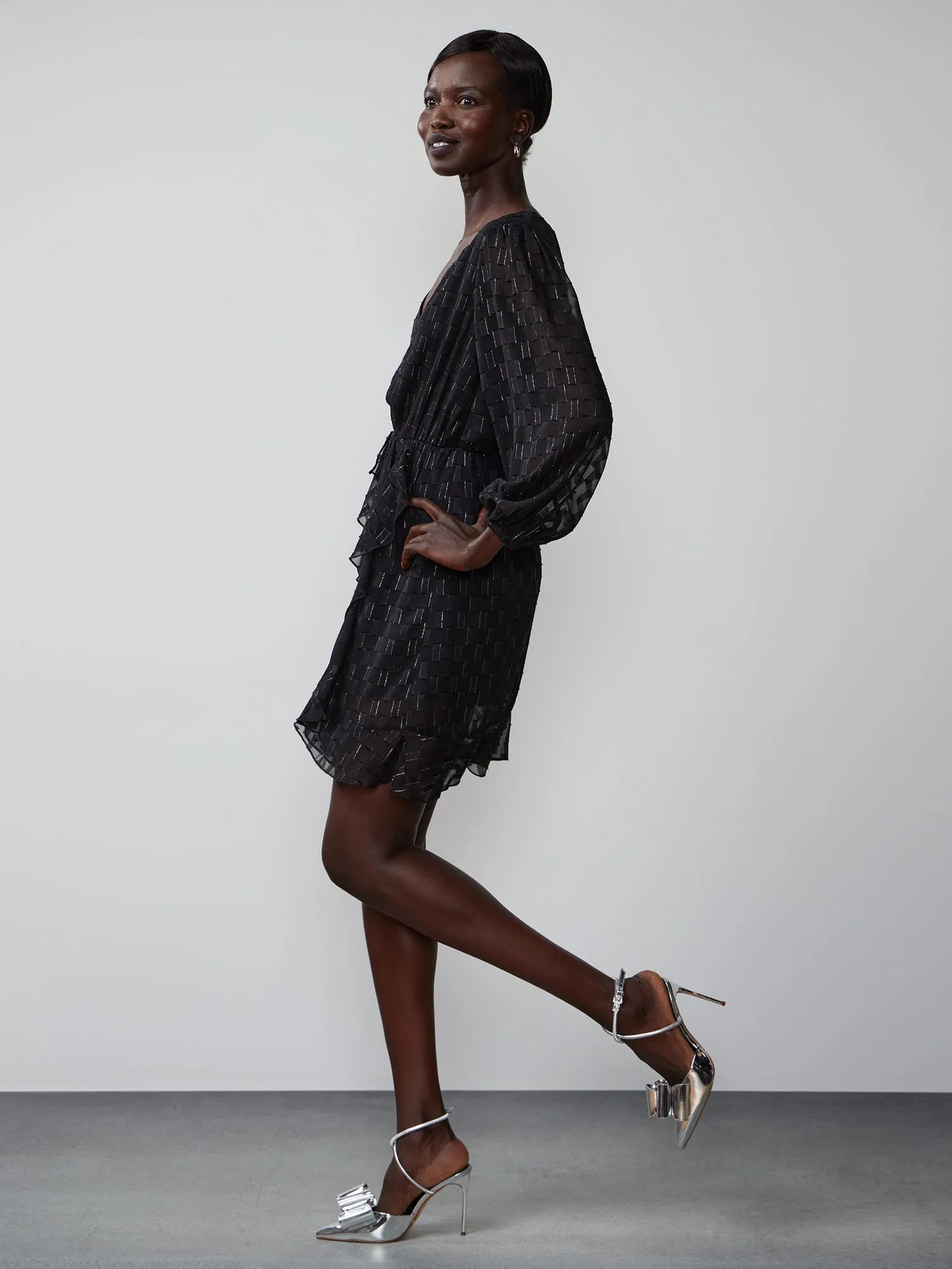 Long Sleeve Ruffle Lurex Mini Dress