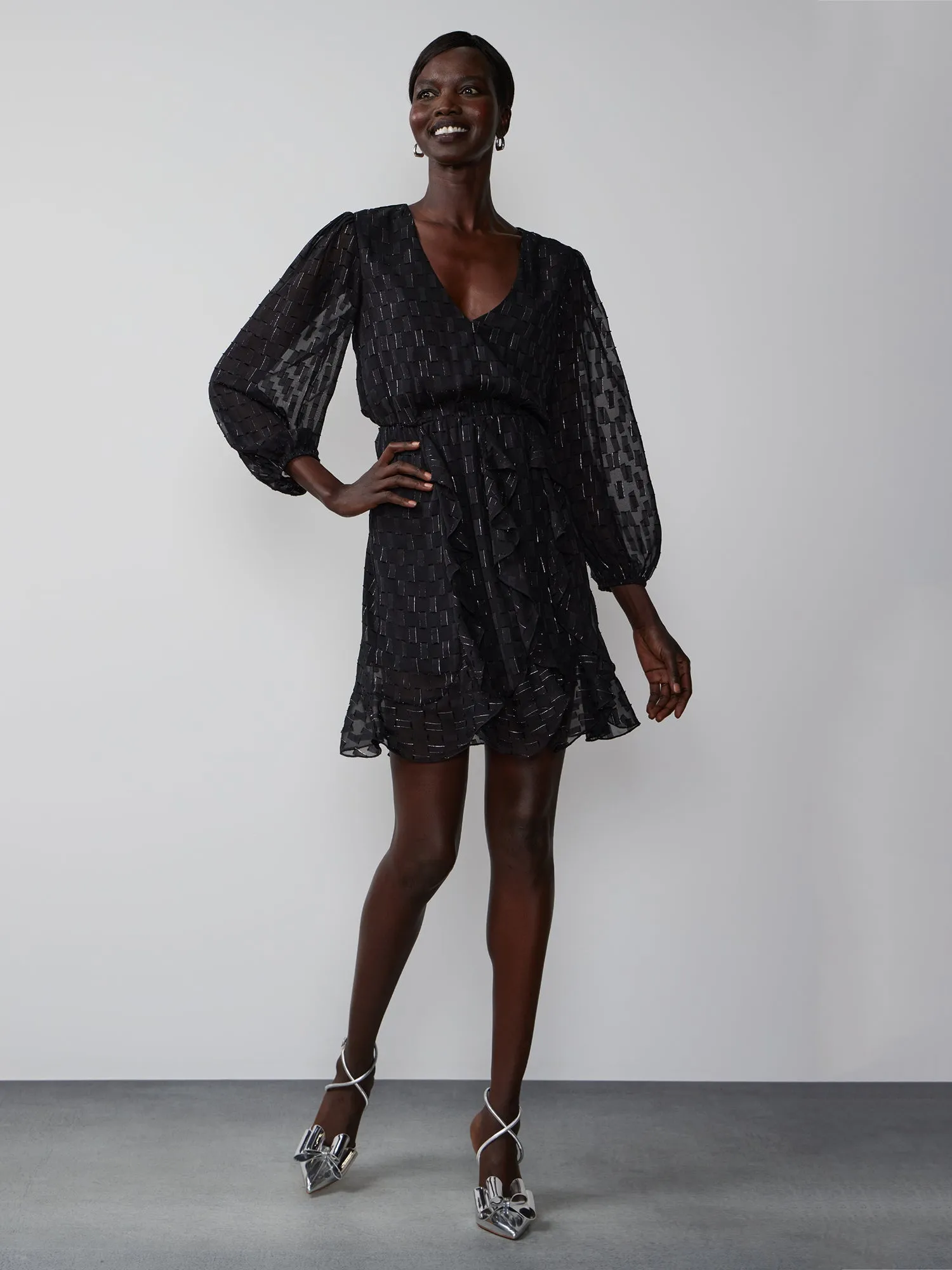 Long Sleeve Ruffle Lurex Mini Dress