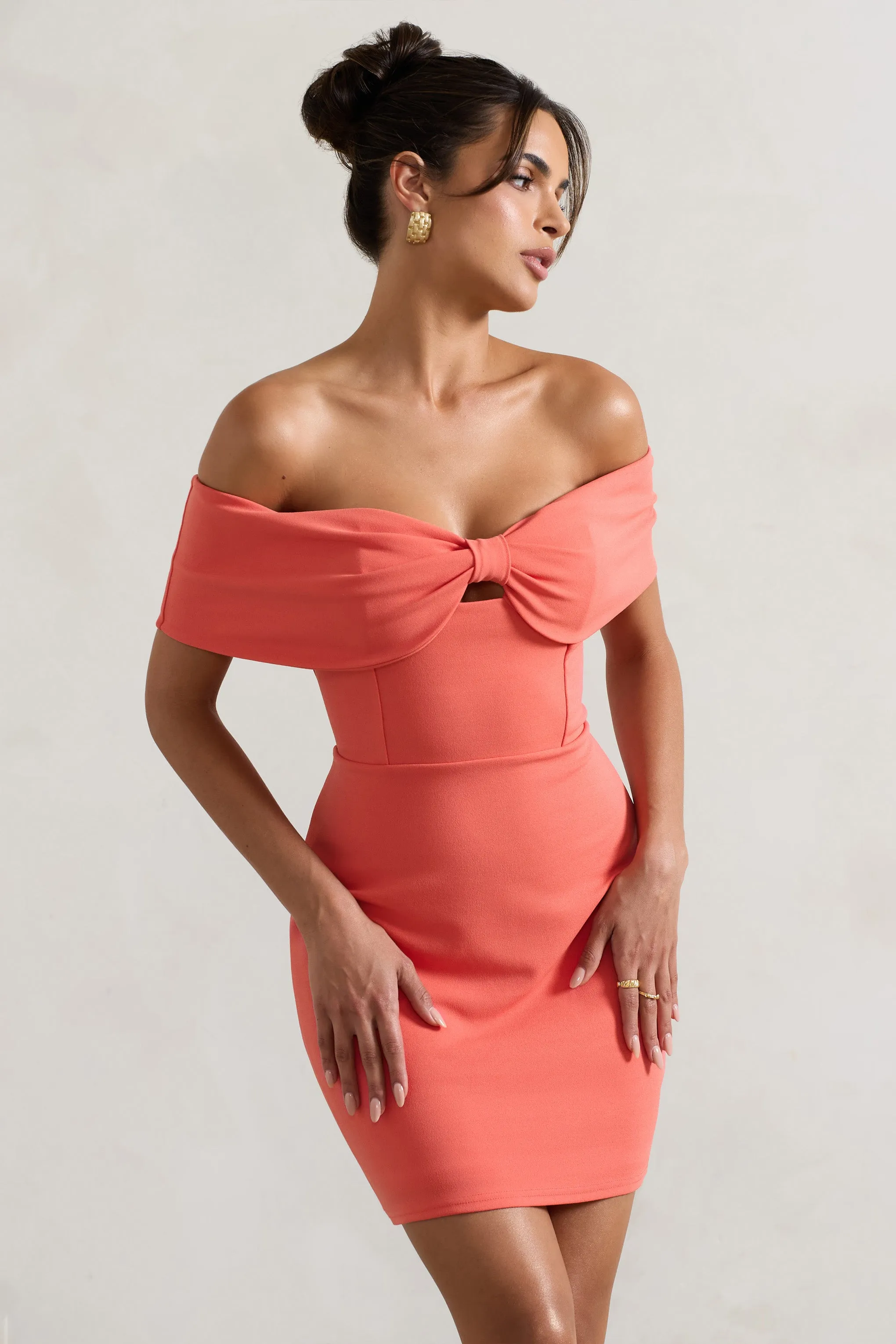 Megan | Coral Bow Bardot Mini Dress