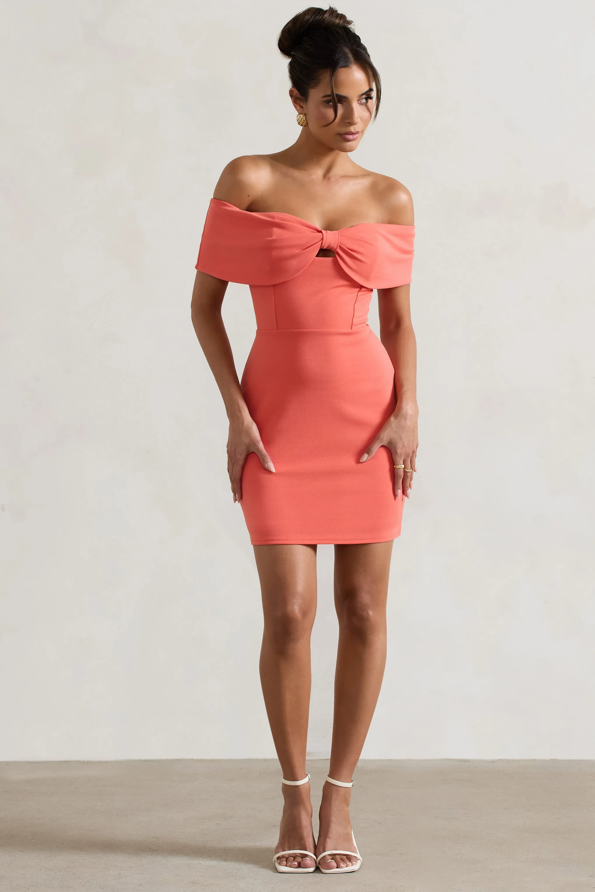 Megan | Coral Bow Bardot Mini Dress