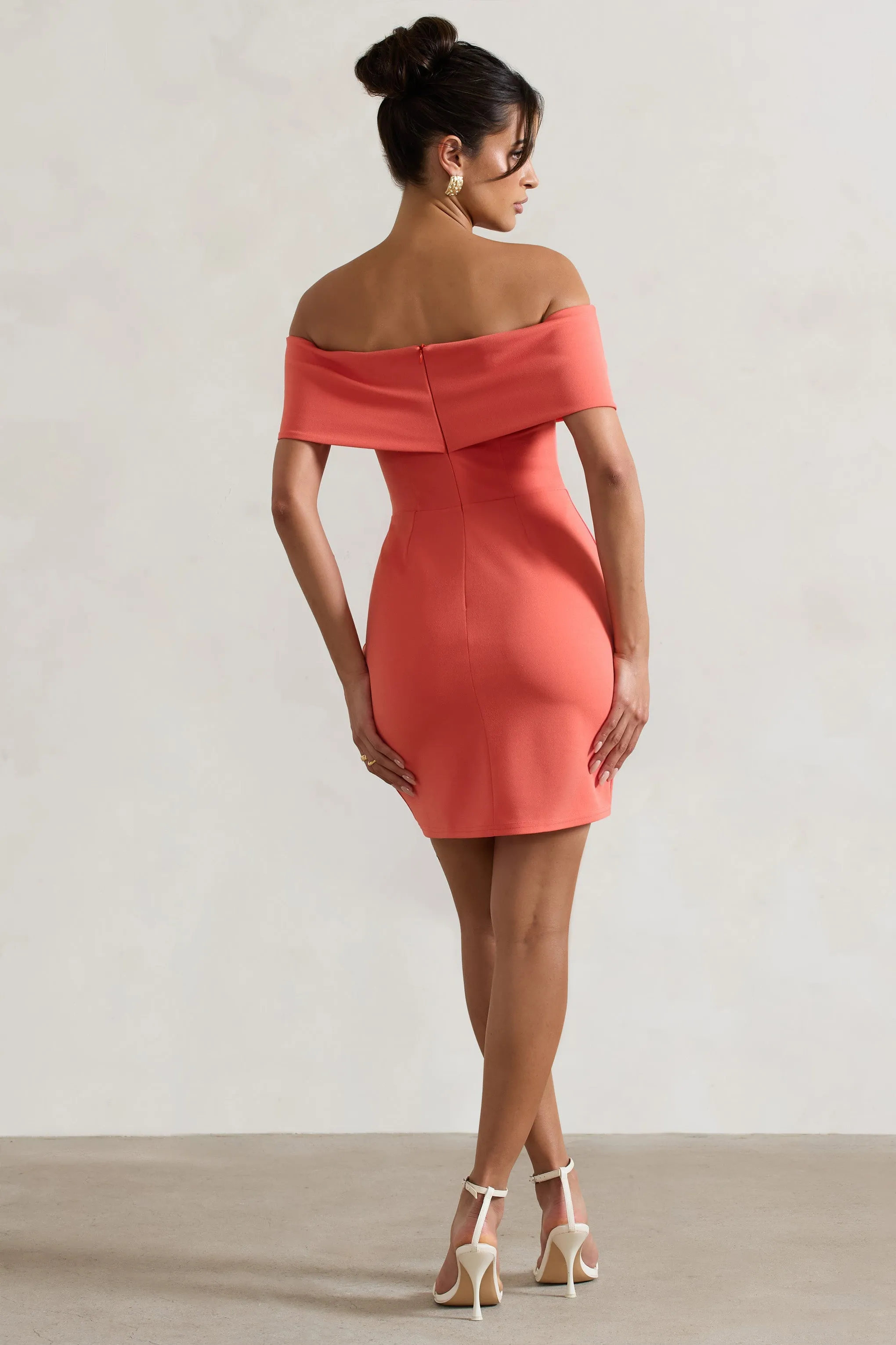 Megan | Coral Bow Bardot Mini Dress