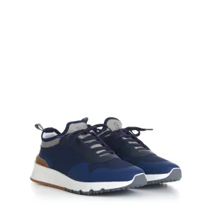 Navy Blue Low Top Runners Sneakers - Lace Up, Textured, Textile & Leather