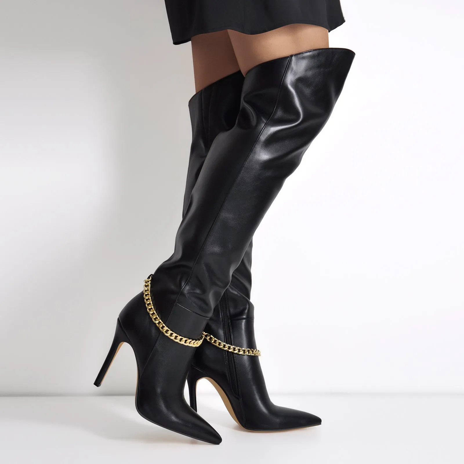 Pointed Toe Black Metal Chain Stiletto Thigh Boots