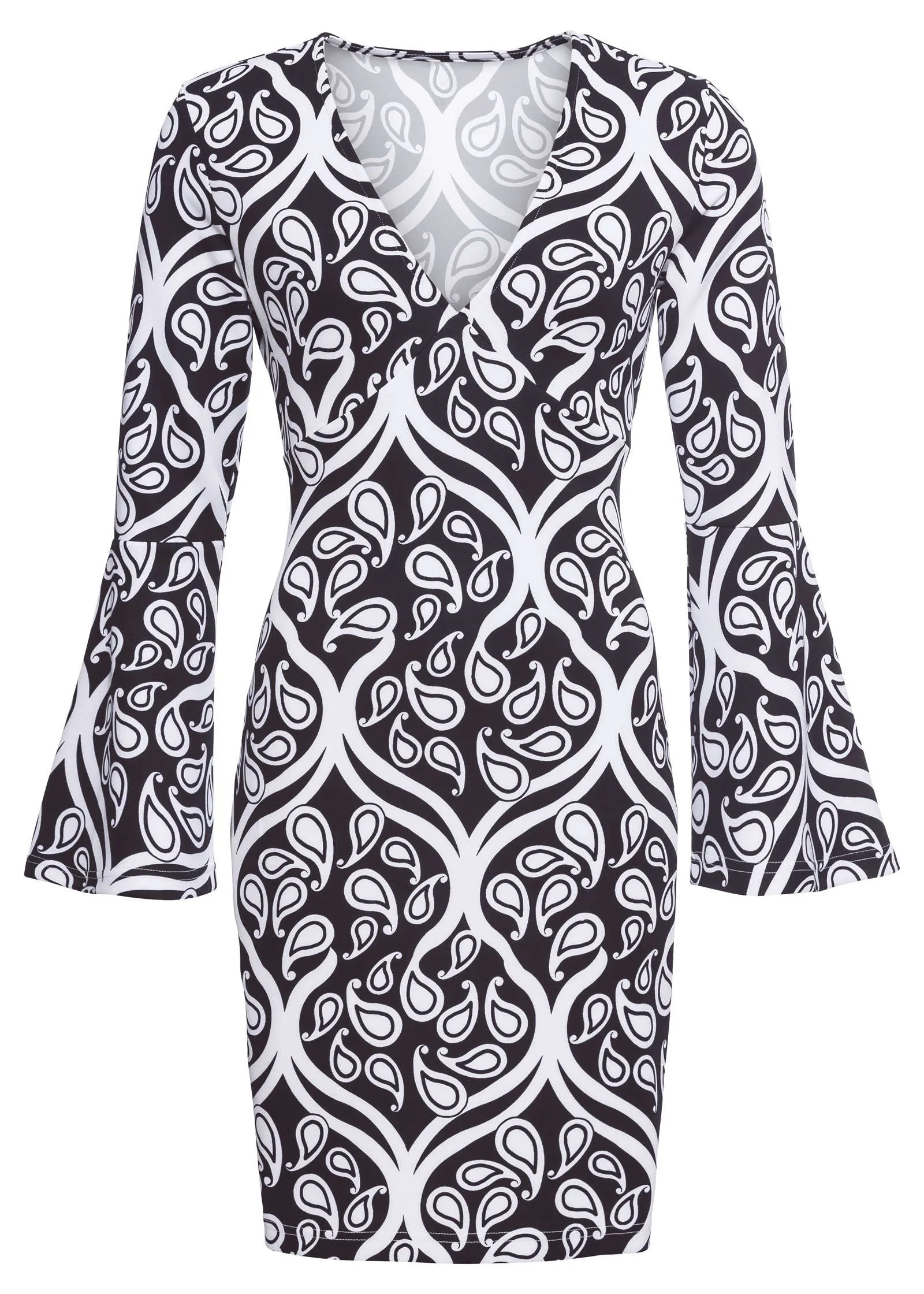 Printed V-Neck Dress - Black & White