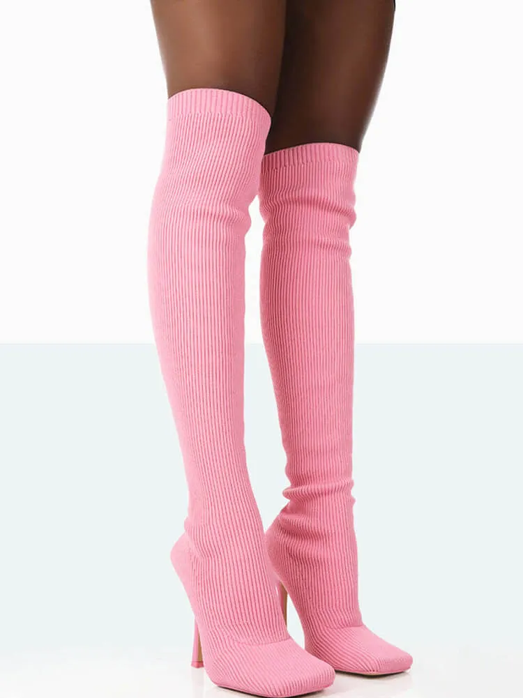 Ribbed Knit Solid Color Thigh High Boots