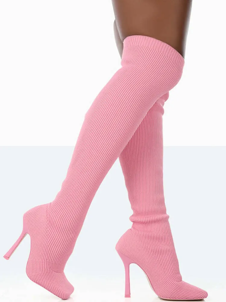 Ribbed Knit Solid Color Thigh High Boots