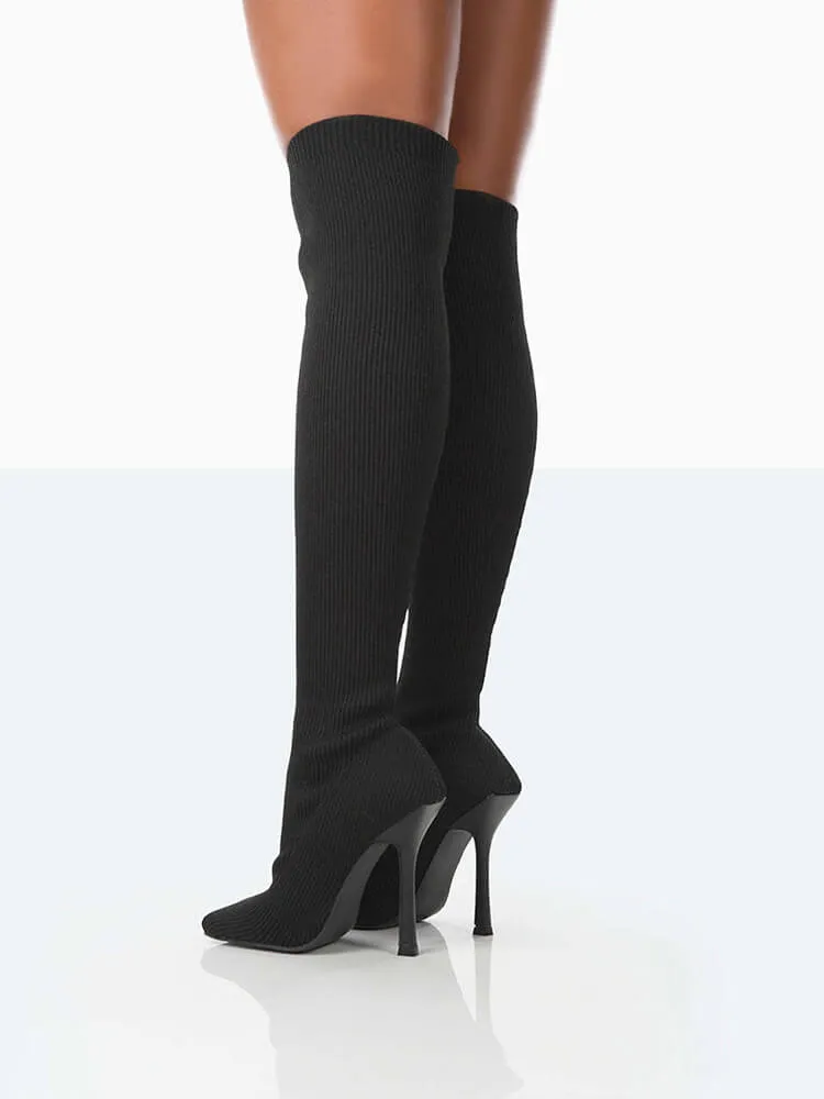 Ribbed Knit Solid Color Thigh High Boots