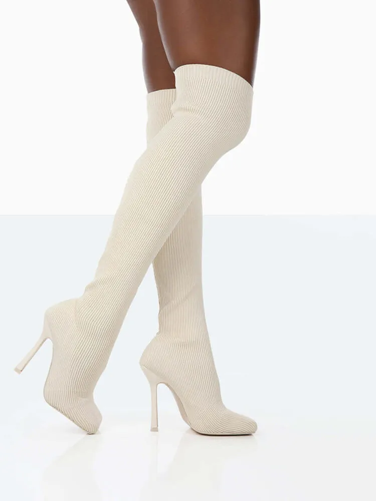 Ribbed Knit Solid Color Thigh High Boots