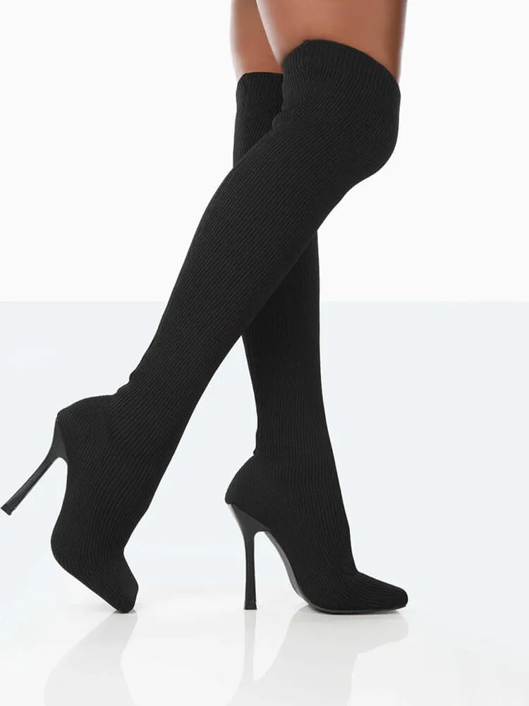 Ribbed Knit Solid Color Thigh High Boots