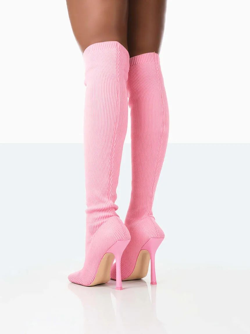 Ribbed Knit Solid Color Thigh High Boots