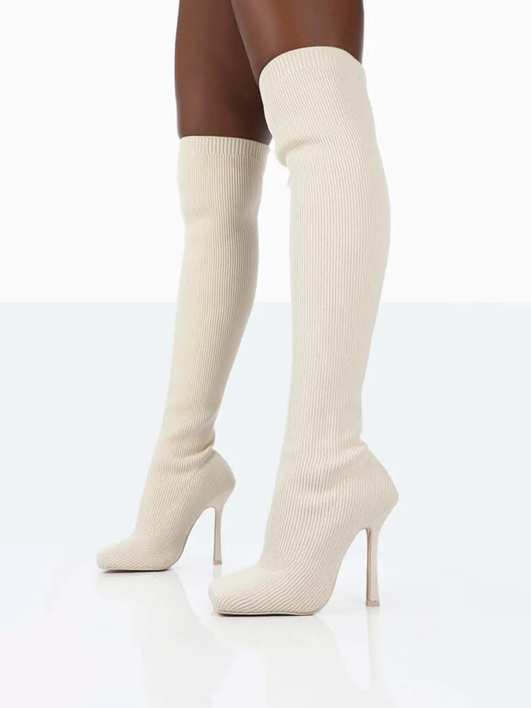 Ribbed Knit Solid Color Thigh High Boots