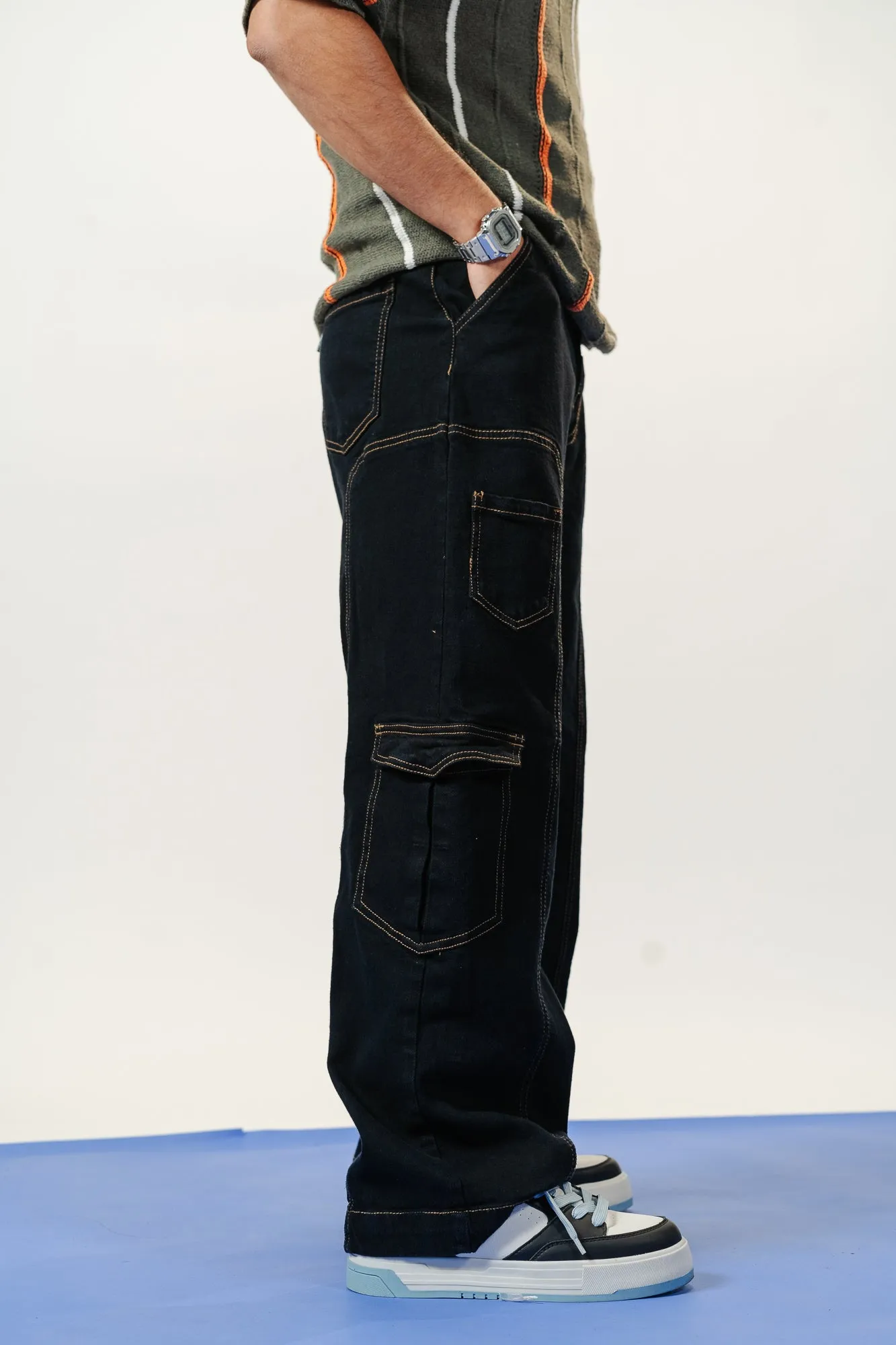 Seam Detailed Black Men's Stretch Cargo