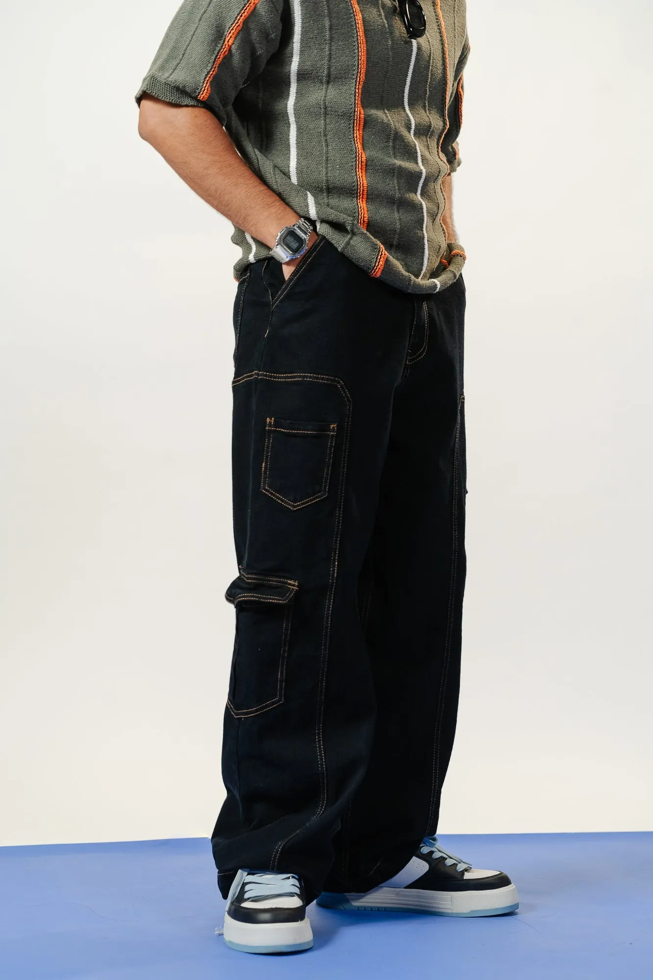 Seam Detailed Black Men's Stretch Cargo
