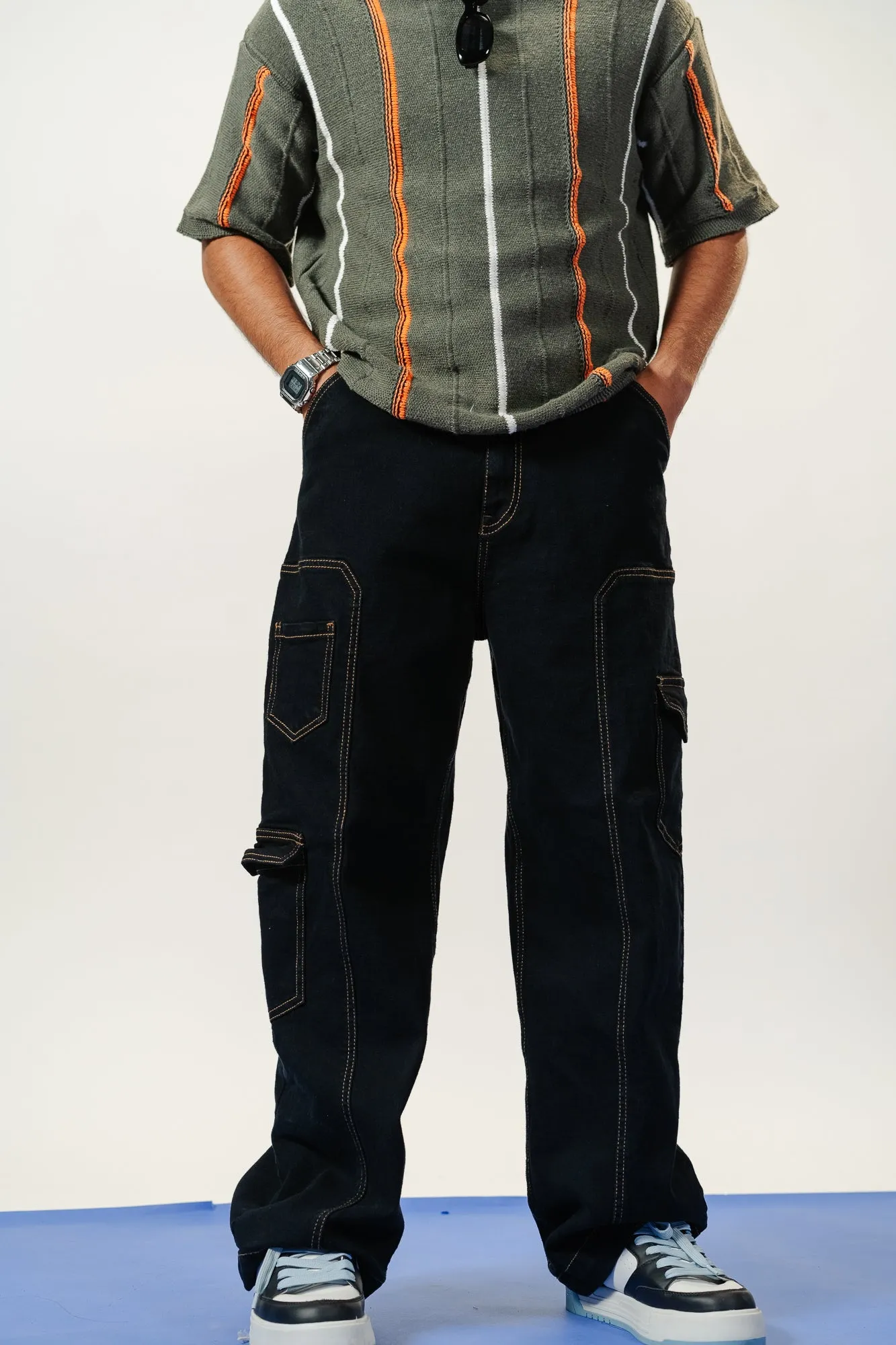 Seam Detailed Black Men's Stretch Cargo