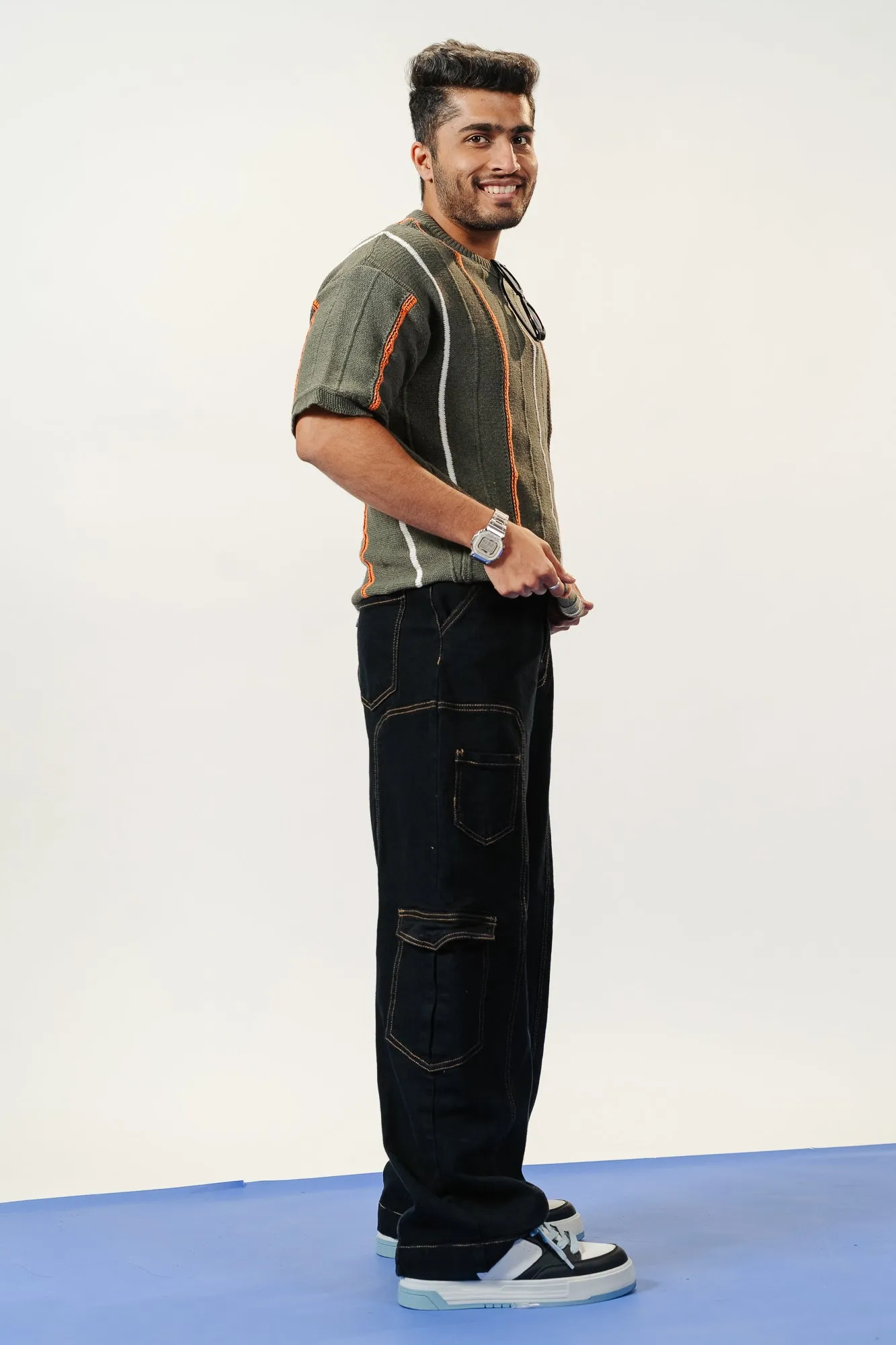 Seam Detailed Black Men's Stretch Cargo