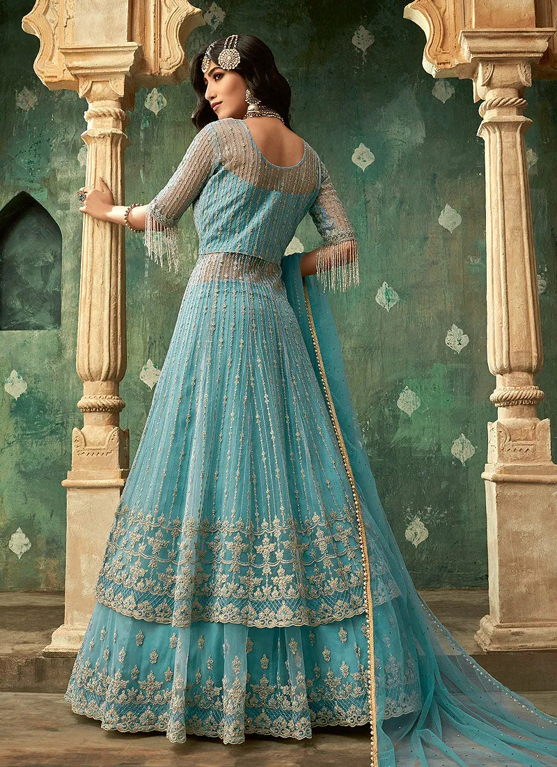 Sky Blue Designer Wedding Lehenga Style Anarkali Suit