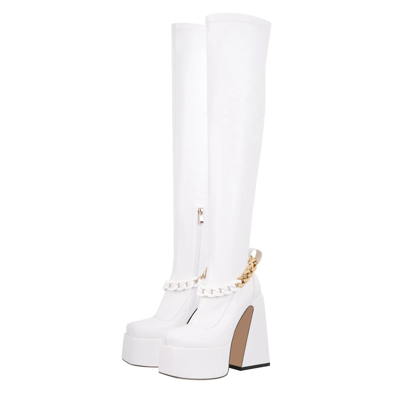 Square Toe Metal Chain Chunky Thigh Boots