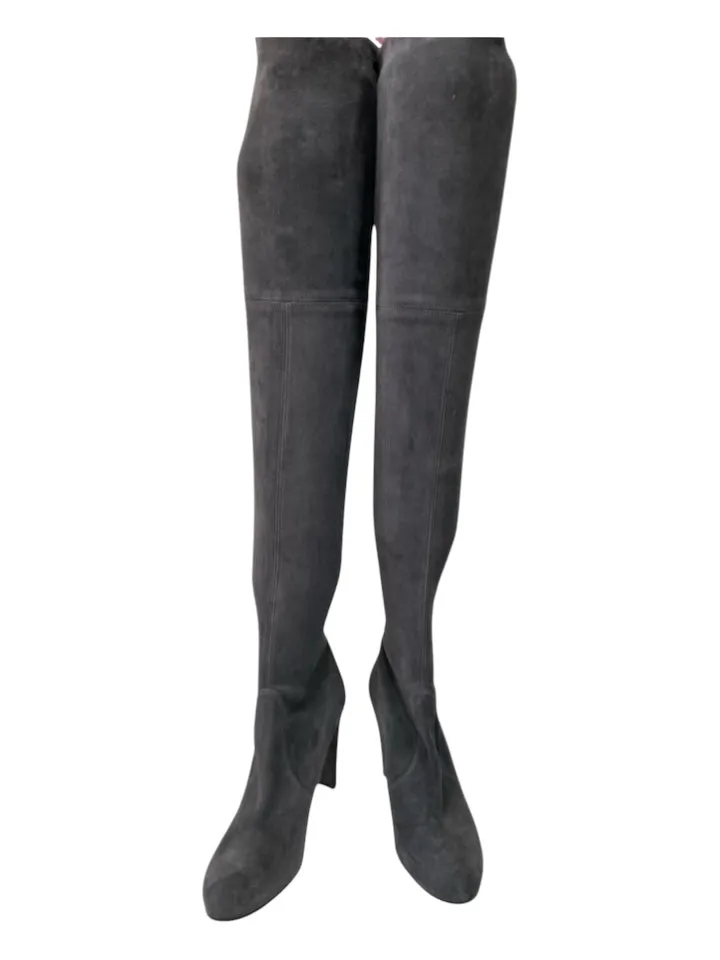 Stuart Weitzman Shoe Size 8 Gray Suede Thigh High Tie Almond Toe Boots